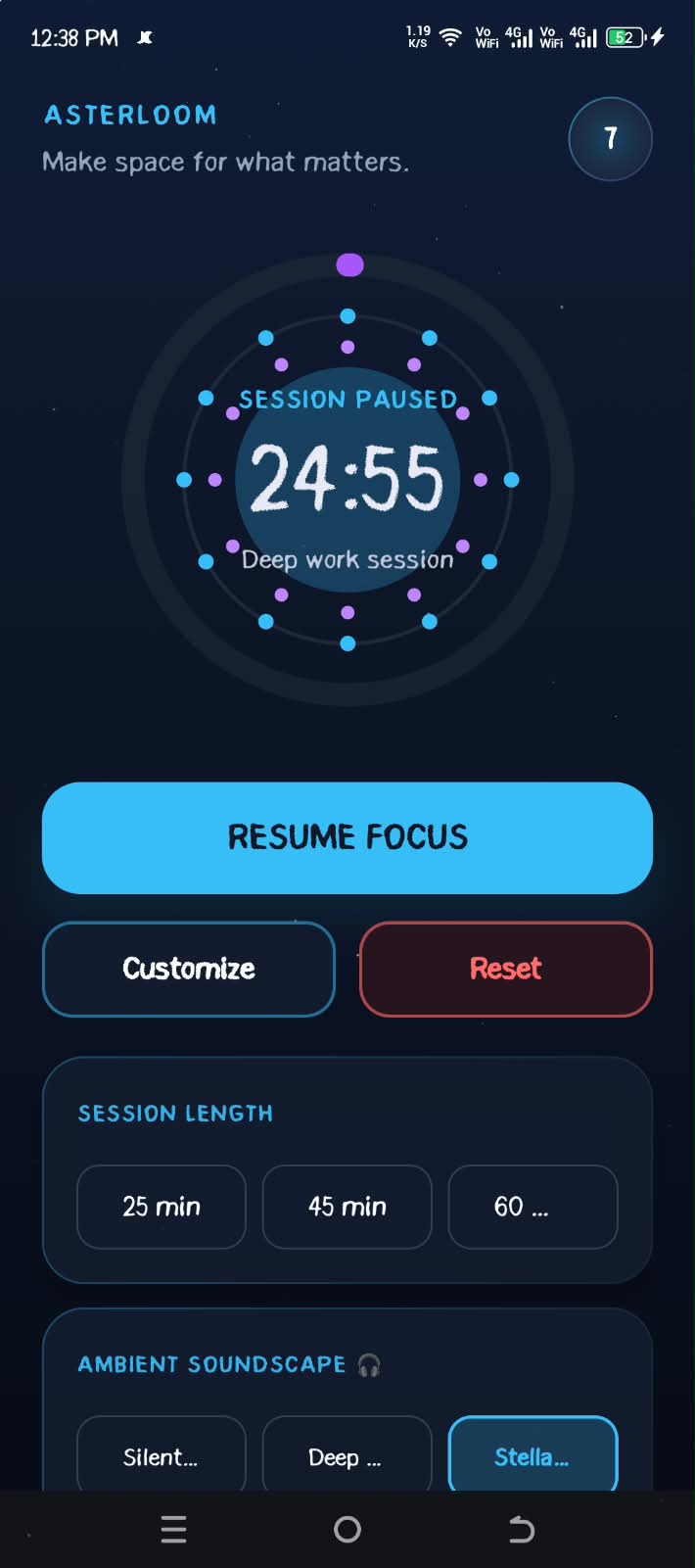 Asterloom focus timer screen